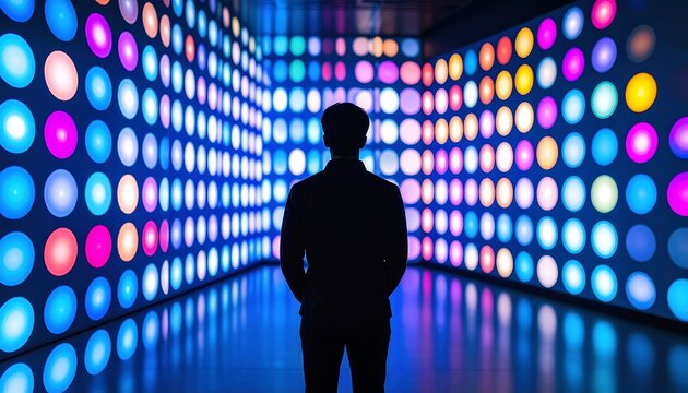 Silhouetted figure observes a vibrant wall of colorful illuminated circles in a dark, modern setting