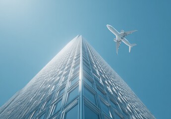 Obraz premium Modern skyscraper with airplane in clear sky. Low-angle view of a gleaming, glass-fronted high-rise building against a vibrant blue sky. A commercial jet flies high above, towards the bright sunlight