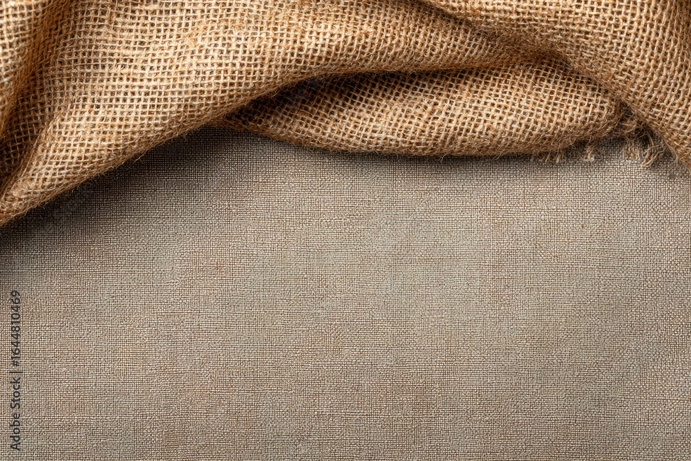 Poster rustic beige burlap fabric draped over a muted grey-beige surface, creating a textured background wi