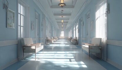 Pastel hospital hallway, sunlit and serene