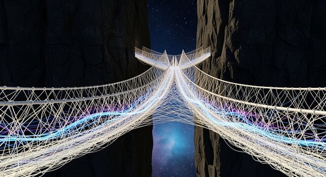 Fototapeta View of a complex white rope bridge spanning a dark canyon against a starry night sky background