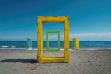 Colorful rectangular frames on a sandy beach