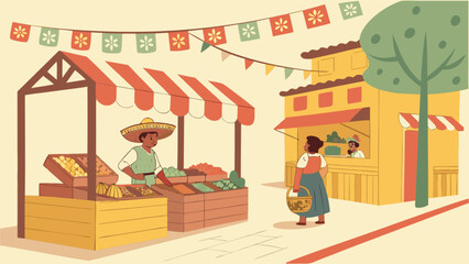 Explore the vibrant mexican market scene with fresh produce and traditional crafts illustration vector art