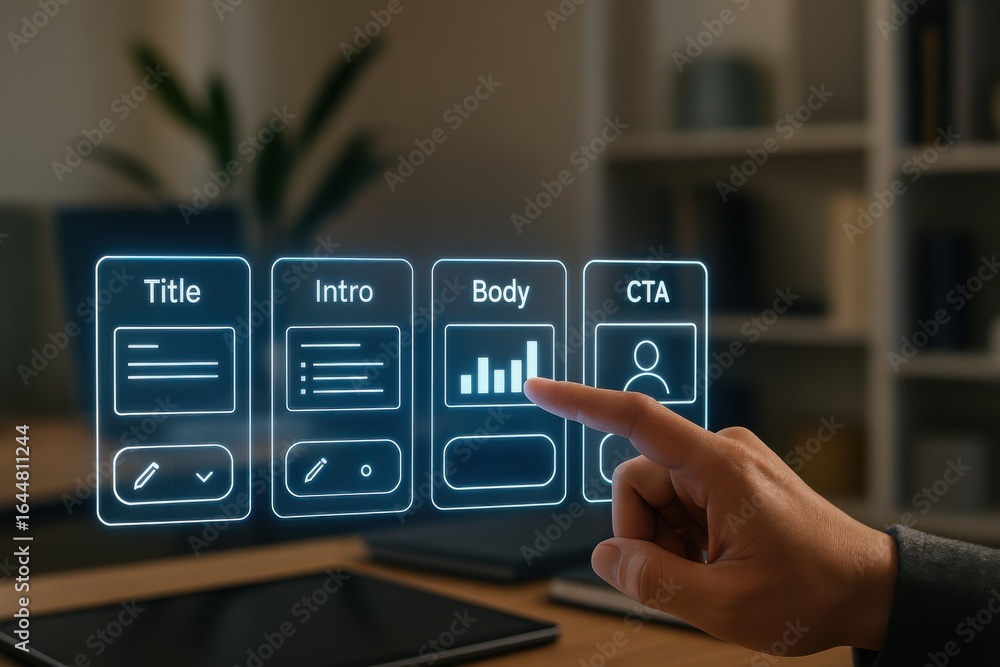 Aufkleber digital content creation dashboard with title, intro, body, and call-to-action sections