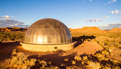 Obraz premium Futuristic Glass Dome Building in Vast Desert Landscape