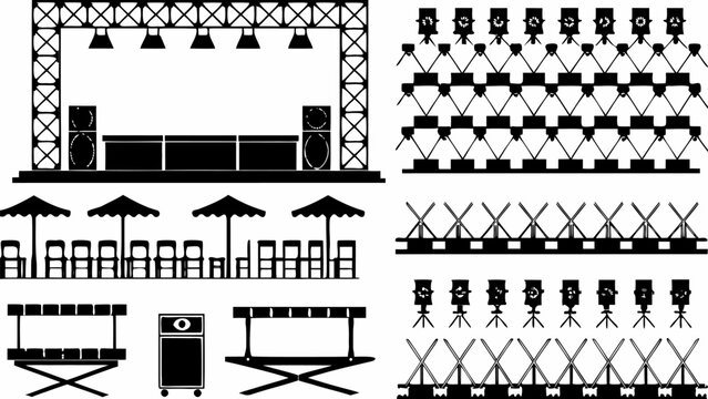 Illustration of an outdoor stage with lighting umbrellas tables and seating arrangements in black and white silhouette
