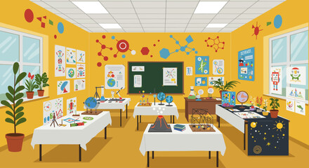Brightly colored science classroom with tables displaying experiments, models, posters, and plants, creating an engaging learning environment.