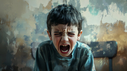 A boy's face, filled with anger and frustration.