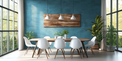 Rustic dining table with white chairs against a blue stucco wall, featuring a wooden slab wall decor. Interior design of a modern dining room in a country house. 3D rendering, Generative AI
