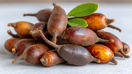 Pile of oval brown fruit with green leaves