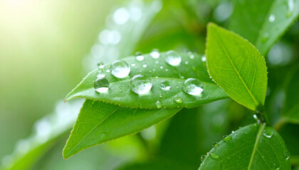 Fototapeta premium Macro Shot of Water Droplets on Vibrant Green Leaves