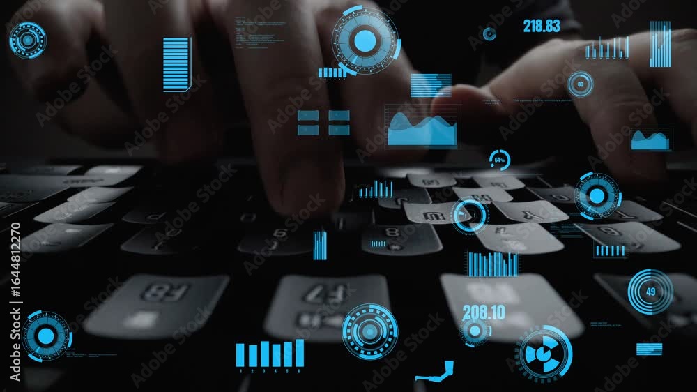 Poster a dynamic image showcasing hands typing on a sleek keyboard, enhanced by floating digital graphics t