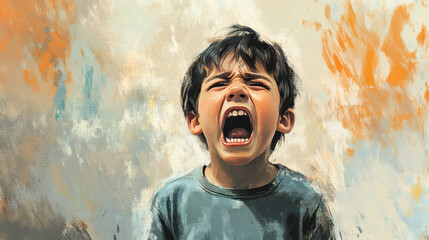 A boy's face, mouth wide open in an expression of anger.