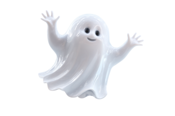 3D Friendly Ghost with Flowing Tail and Both Arms Raised, Angled Side View, Transparent PNG