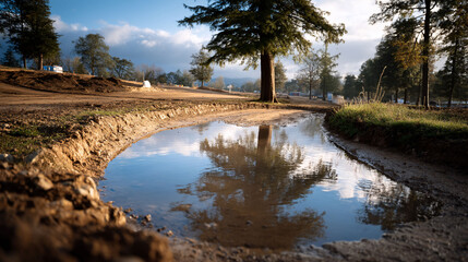 Puddle reflecting trees dirt and sky