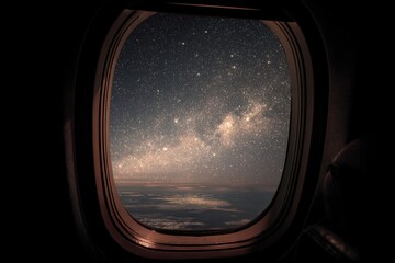 Fototapeta premium Airplane Window Night. Traveling at Night with a View of Stars and Milky Way