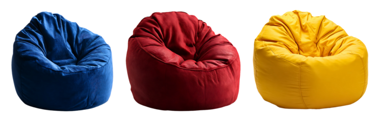 Comfortable and stylish blue, red and yellow bean bag chairs for modern home interiors isolated on a white or transparent background