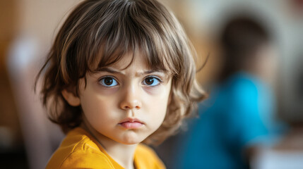 Close-up portrait of a young child with a serious expression.