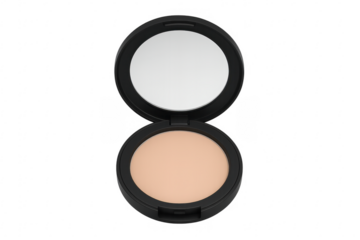 Face powder compact with mirror open on transparent background