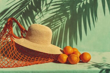 Straw hat, orange mesh bag, oranges, tropical