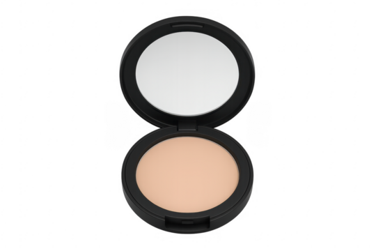 Face powder compact with mirror open on transparent background