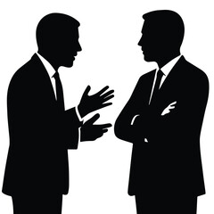 Two businessmen in silhouette engaged in a discussion isolated on white background