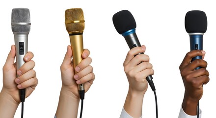 Diverse hands holding professional microphones, ready to capture sound for interviews, broadcasts, and performances, symbolizing communication and expression.