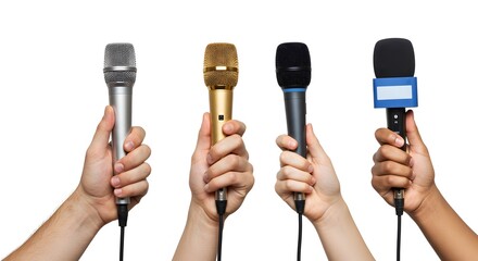 Diverse hands holding microphones in various colors, symbolizing communication, broadcasting, and public speaking opportunities
