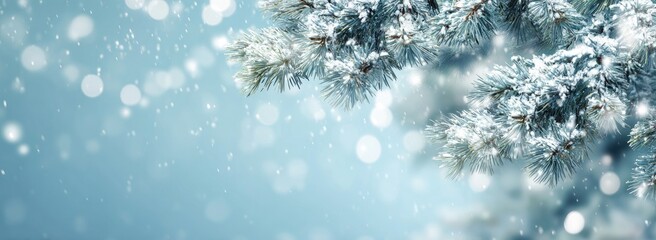 Snowy pine branches against a soft blue backdrop with bokeh