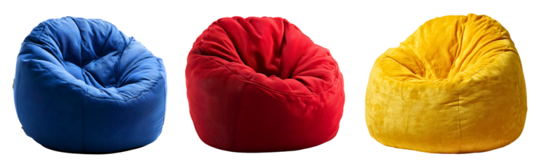 Set of comfortable blue, red and yellow bean bag chairs for modern living spaces isolated on a white or transparent background