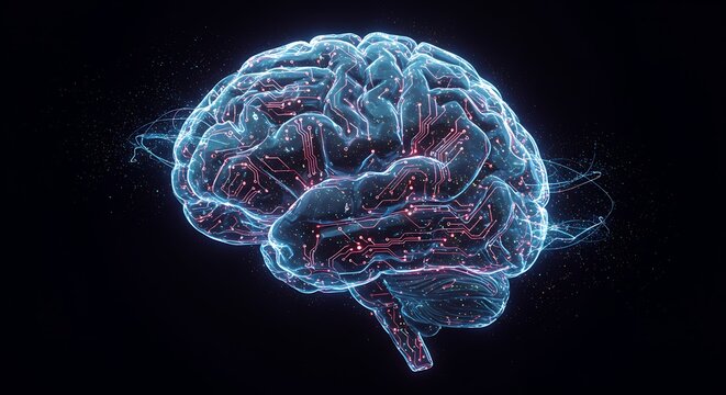 A glowing, translucent digital human brain with active red neural impulses and data streams on a black background.