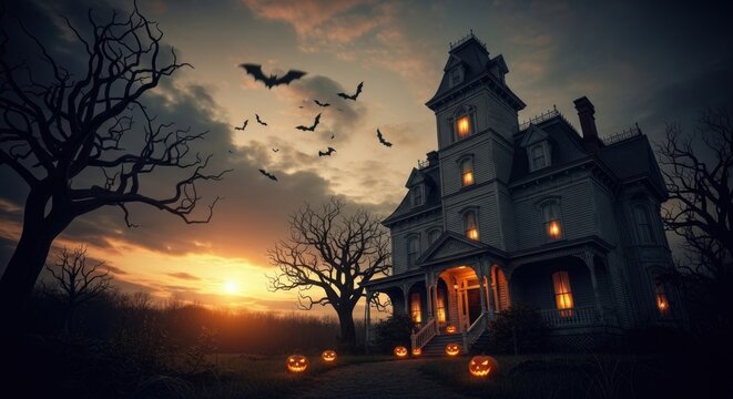 Haunted house at dusk with bats and jack-o'-lanterns, dramatic orange sunset