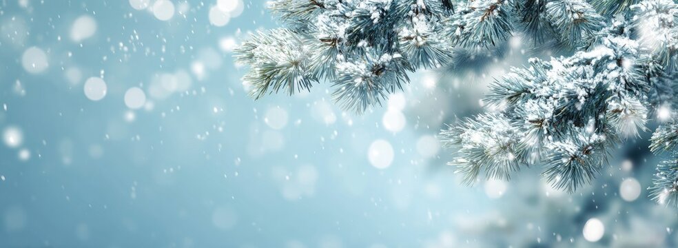 Snowy pine branches against a soft blue backdrop with bokeh