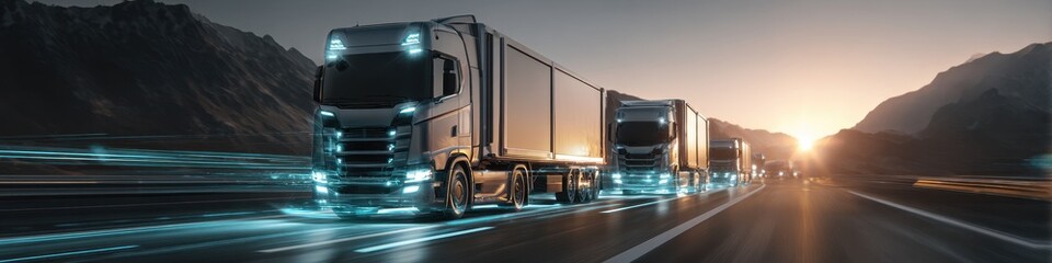Obraz na płótnie Canvas Autonomous Trucks. Futuristic Logistic Fleet on Highway with Self Driving System for Cargo Delivery Autonomy