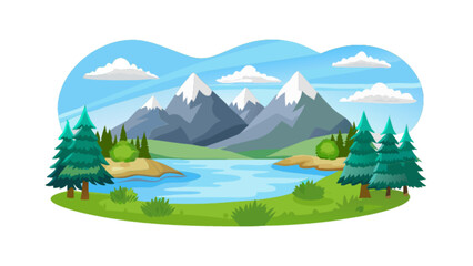 Scenic view of mountains with snow capped peaks overlooking a serene lake surrounded by lush green trees