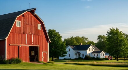 Obraz premium Scenic Farm Landscape A Classic Red Barn and Charming White House at Sunset