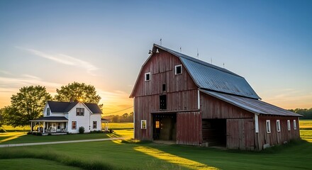 Obraz premium Rural Landscape A Picturesque Farmhouse and Barn in the Golden Hour Sunlight