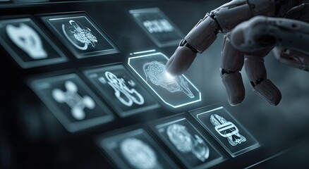 Robotic hand interacts with a digital interface displaying medical imagery