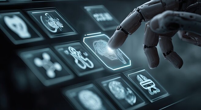 Robotic hand interacts with a digital interface displaying medical imagery - Powered by Adobe