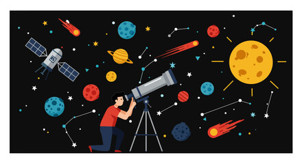 Obraz premium A person explores a colorful cartoon universe with a telescope, viewing planets, stars, and a satellite.