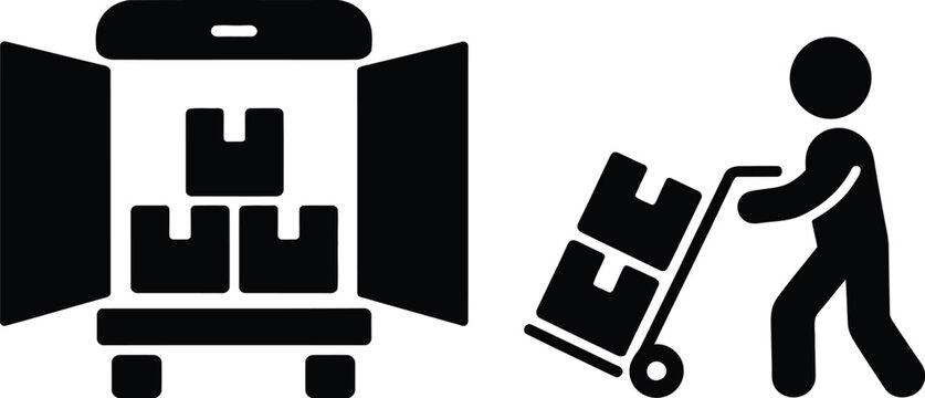 Worker loading boxes into a delivery truck using a hand truck icon - Powered by Adobe