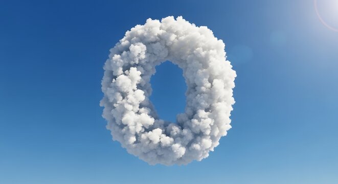 Cloud shaped like the letter O or zero floating in a bright blue sky with sun. Abstract nature and design concept.