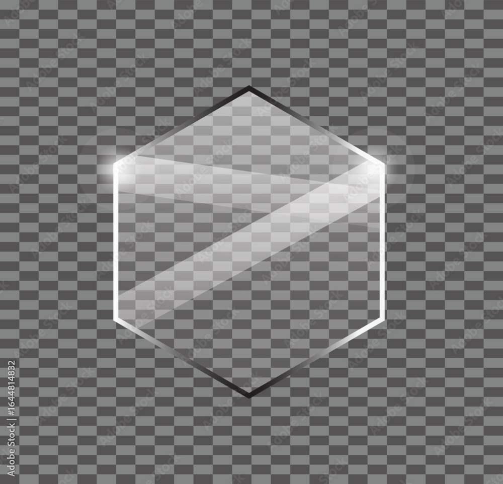 Poster glossy glass hexagon, transparent geometric element with soft reflections highlights and realistic t