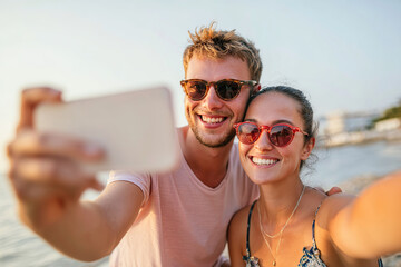 Couple enjoying a beach day while taking a selfie with fun AR filter effects during sunset