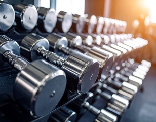 Close-up of many metal dumbbells on racks
