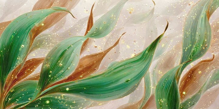 Delicate, flowing green and brown leaves with gold glitter