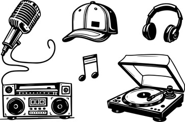 "Icons of Music Culture" microphone, baseball cap, boombox, headphones, vinyl record, turntable, music graphics vector
