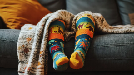 Legs covered with a blanket and colorful socks on a couch.