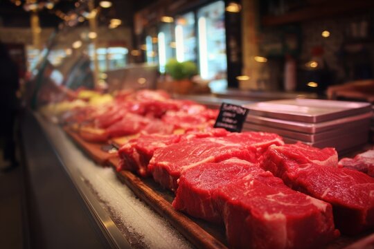 Butcher Case: Display of Fresh Raw Beef at the Meat Shop Counter - Powered by Adobe