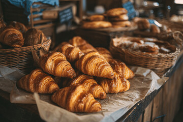 Golden buttery croissants in authentic French bakery interior